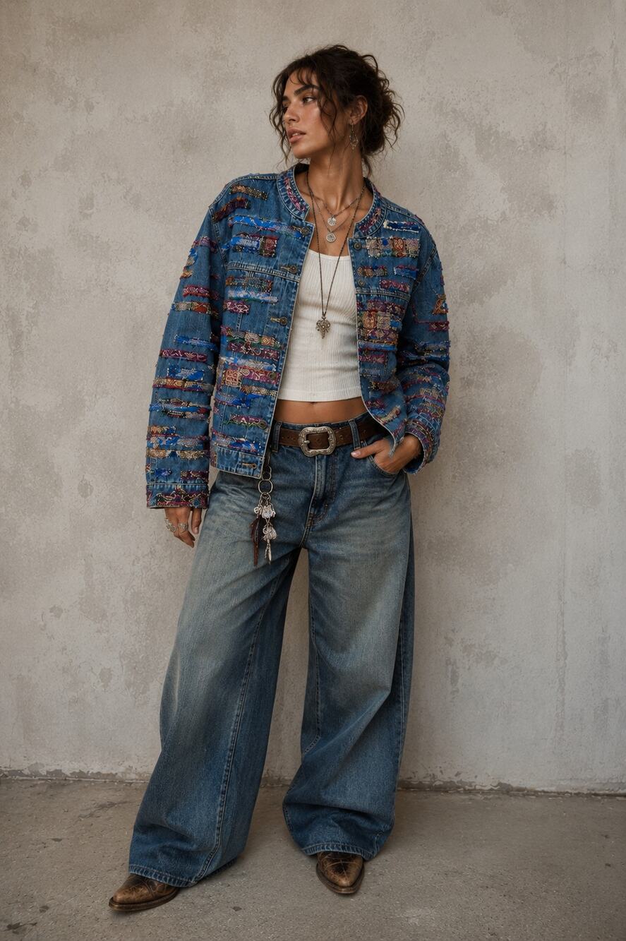Vintage Patchwork Denim Jacket Coachella Festival Artsy Statement Jacket